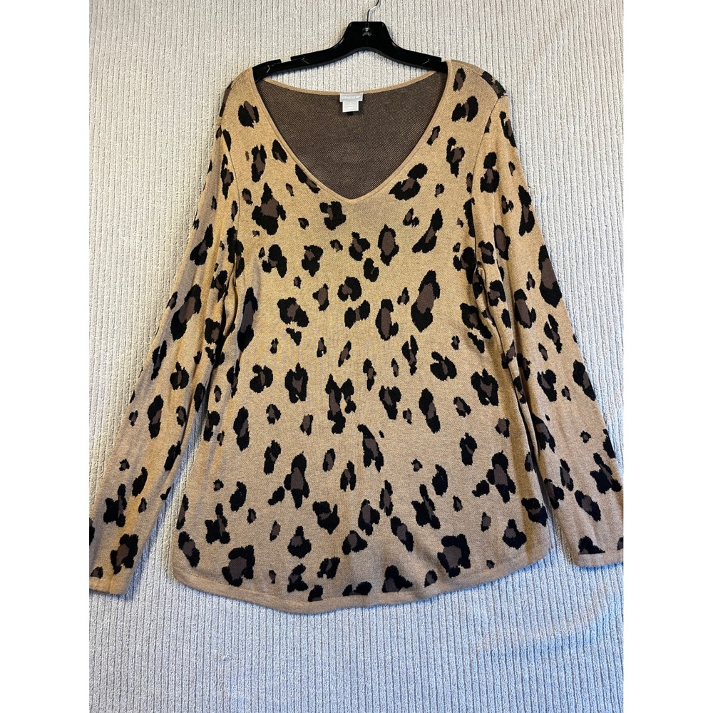 Chico's Sweater Women L 2 Leopard Print V-Neck Long Sleeve Rayon Knit EUC